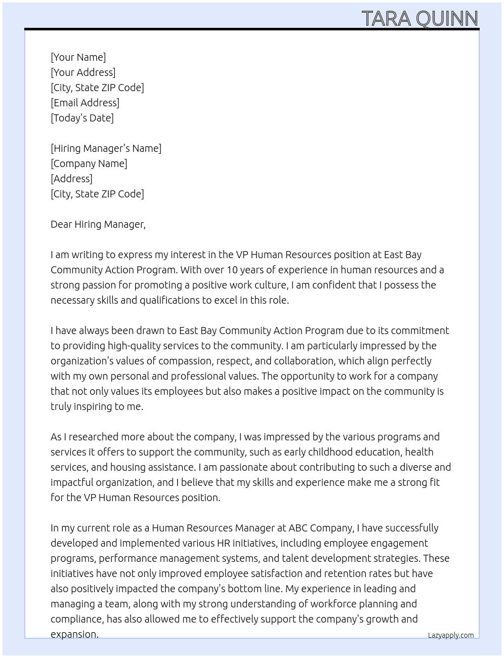 VP Human Resources At East Bay Community Action Program Cover Letter