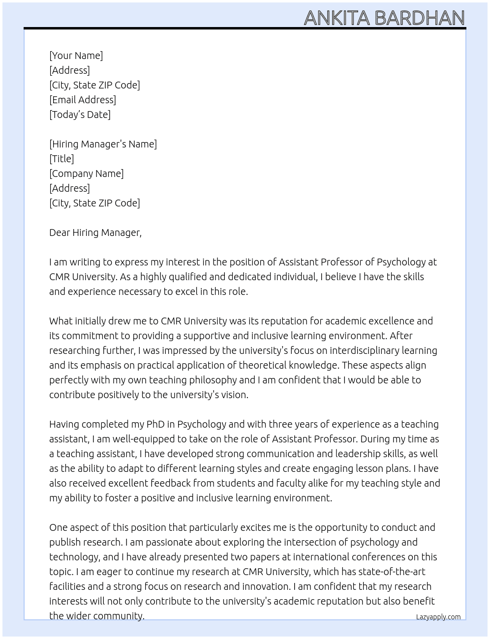 Assistant Professor of Psychology At CMR University Cover Letter