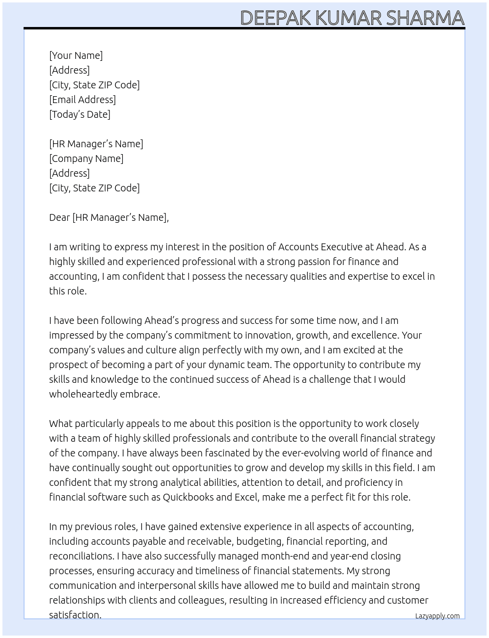 Accounts Executive At Ahead Cover Letter