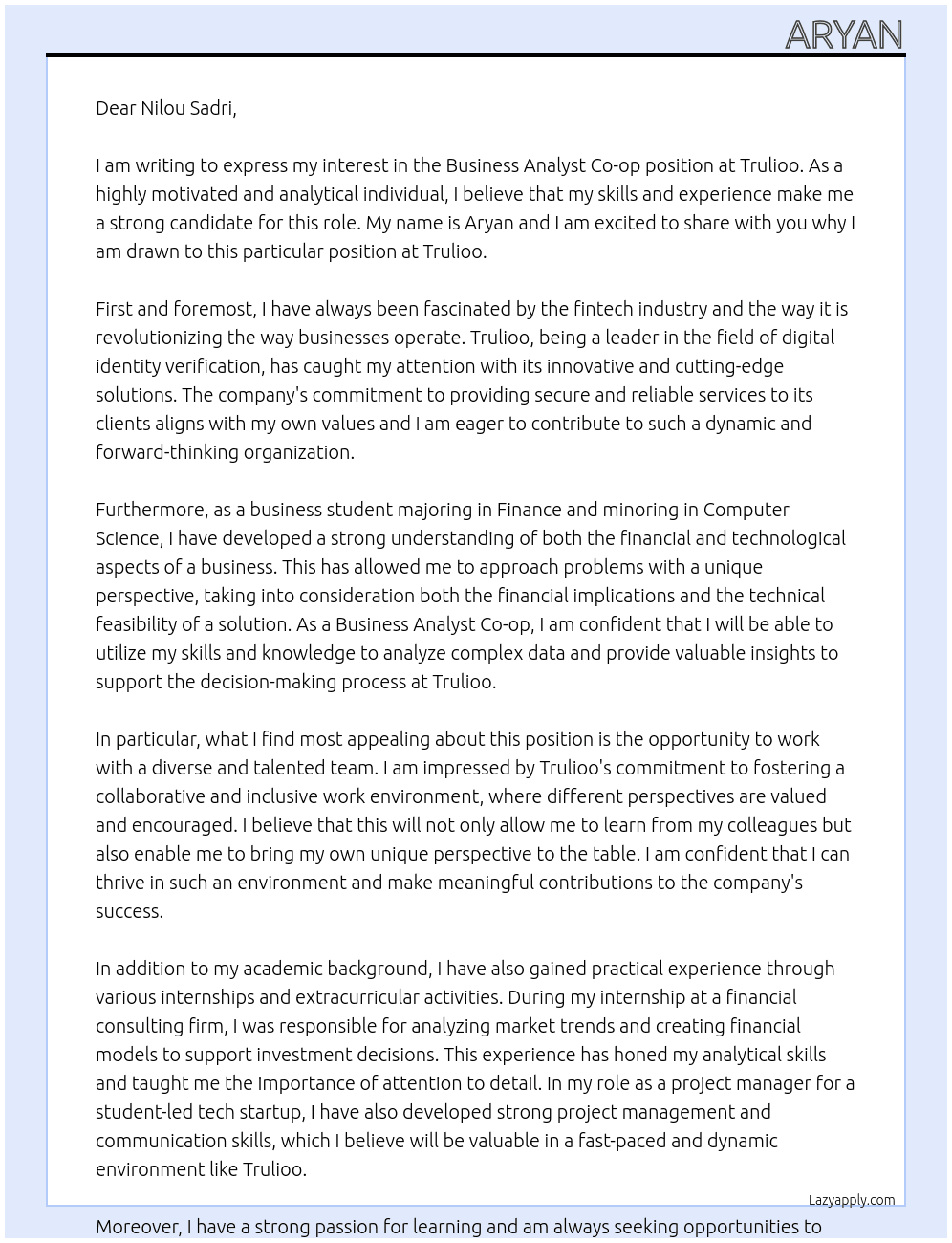 Business Analyst Co-op At Trulioo Cover Letter