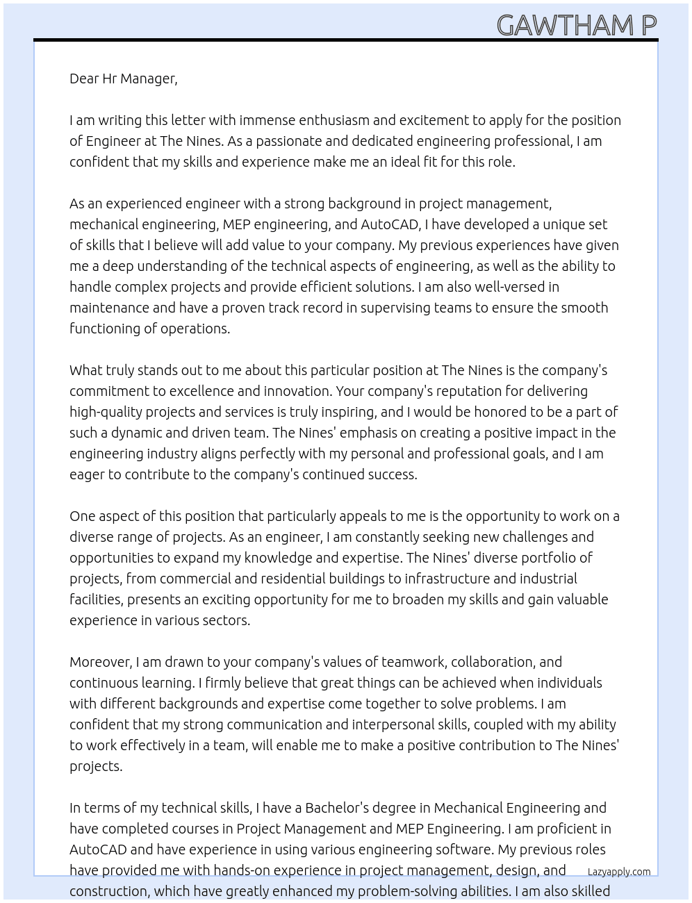 Engineer  At The Nines  Cover Letter