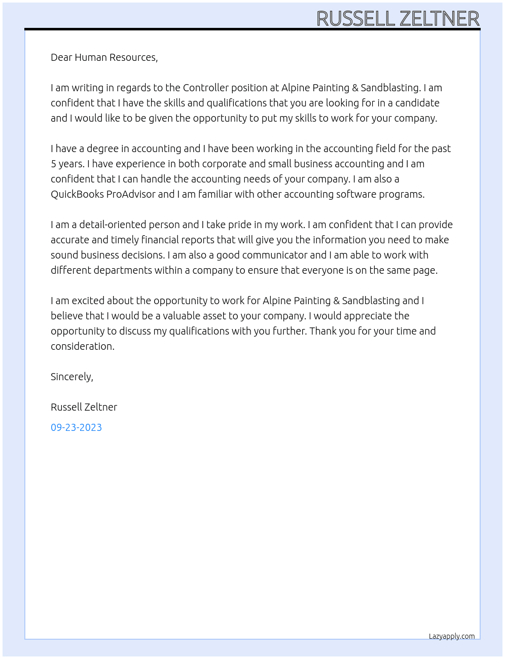 Controller At Alpine Painting & Sandblasting Cover Letter