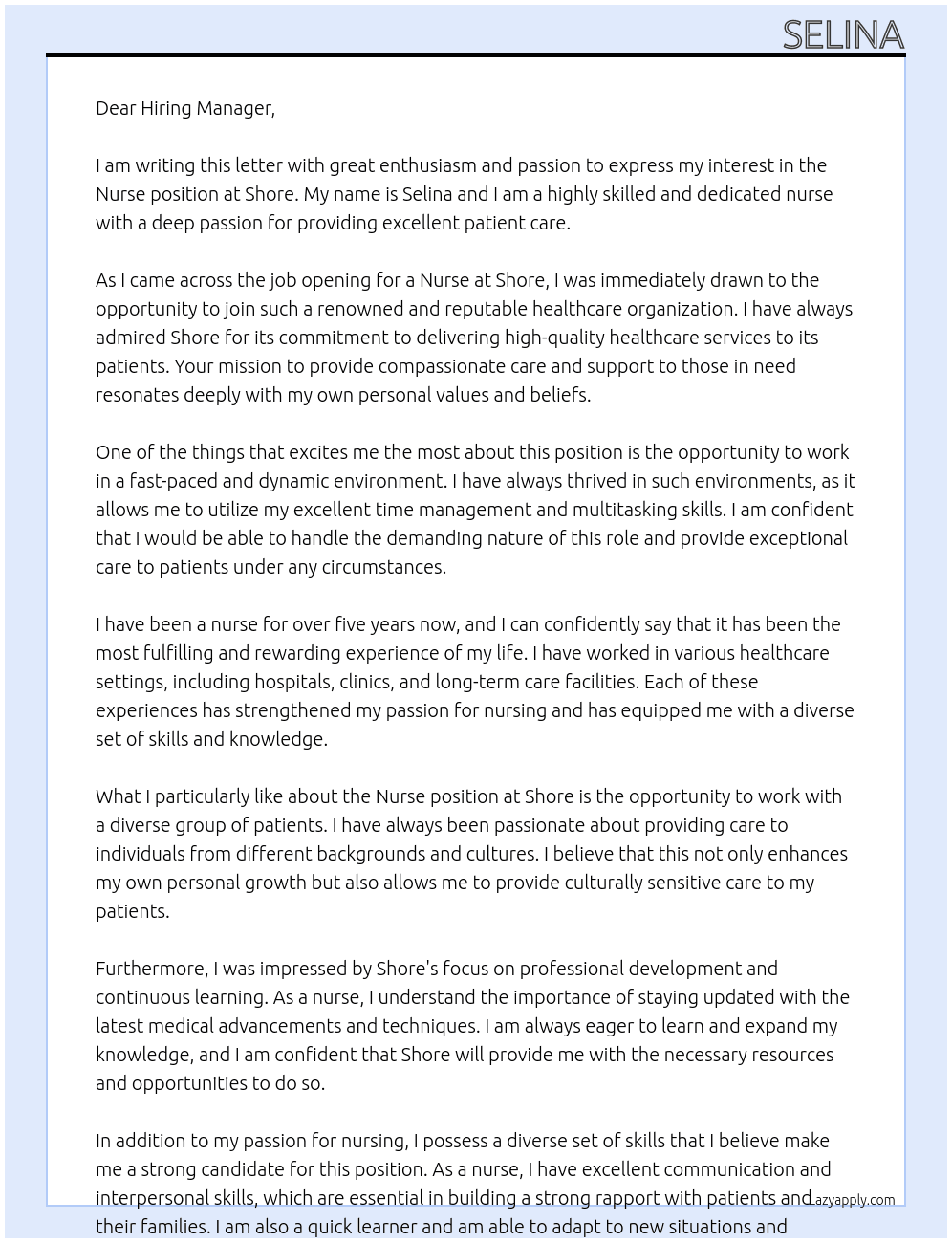 Nurse At Shore Cover Letter