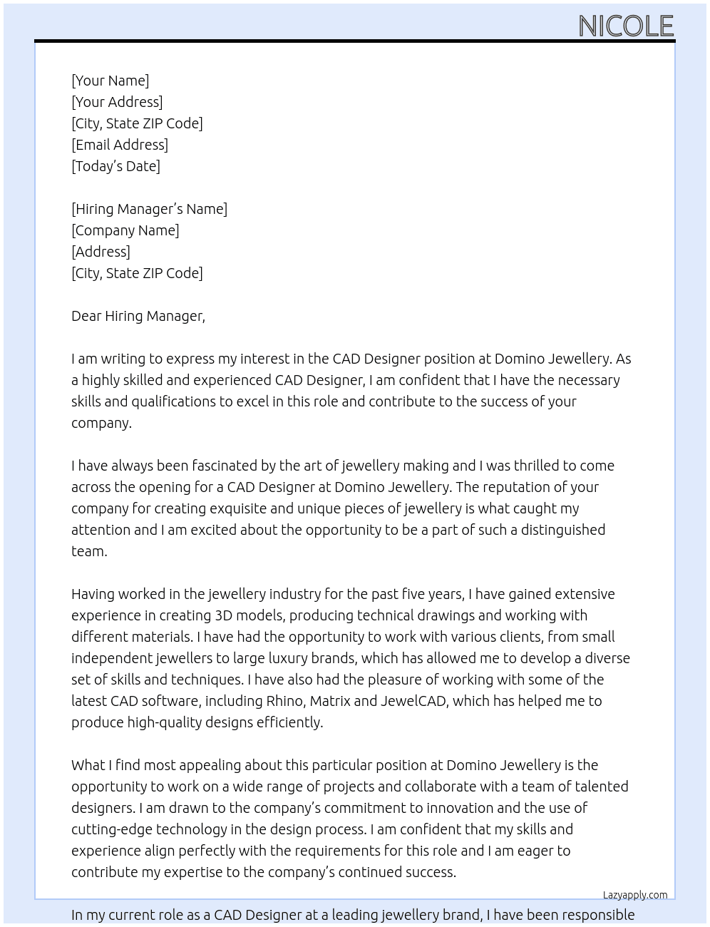 CAD DESIGNER At DOMINO JEWELLERY Cover Letter