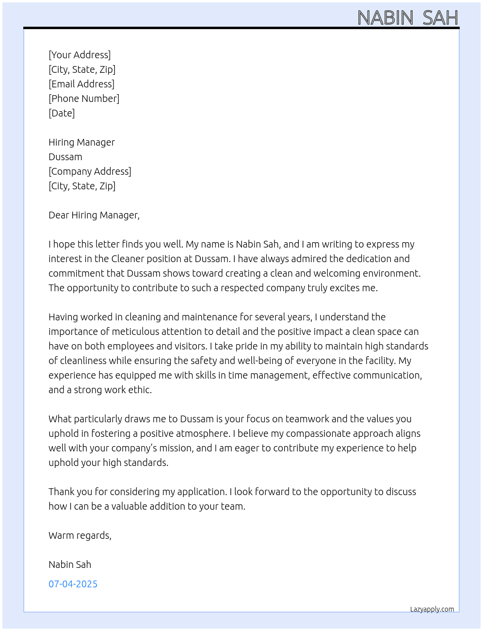 Cleaner  At Dussam  Cover Letter