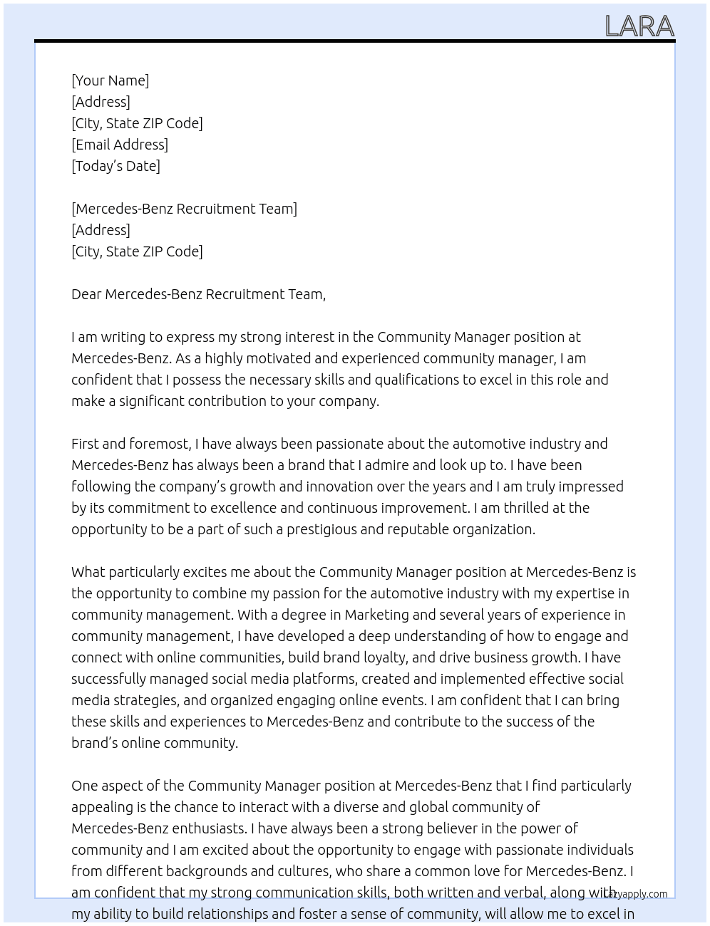 Community Manager At Mercedes Cover Letter