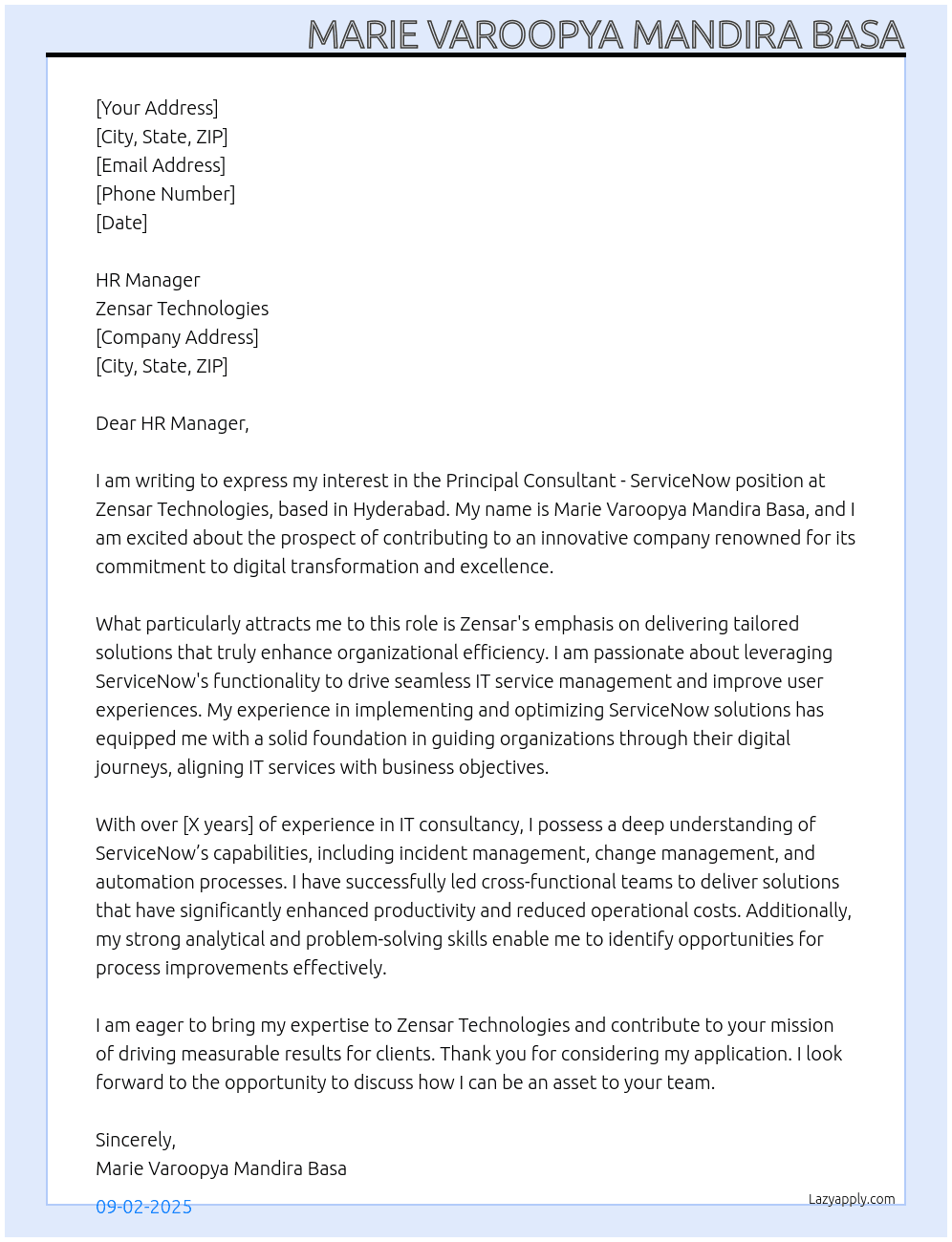Cover letter for principal consultant servicenow - LazyApply