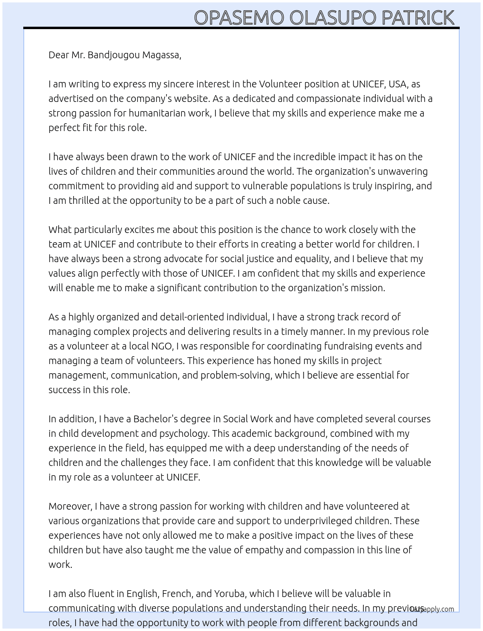 Volunteer  At UNICEF,usa Cover Letter