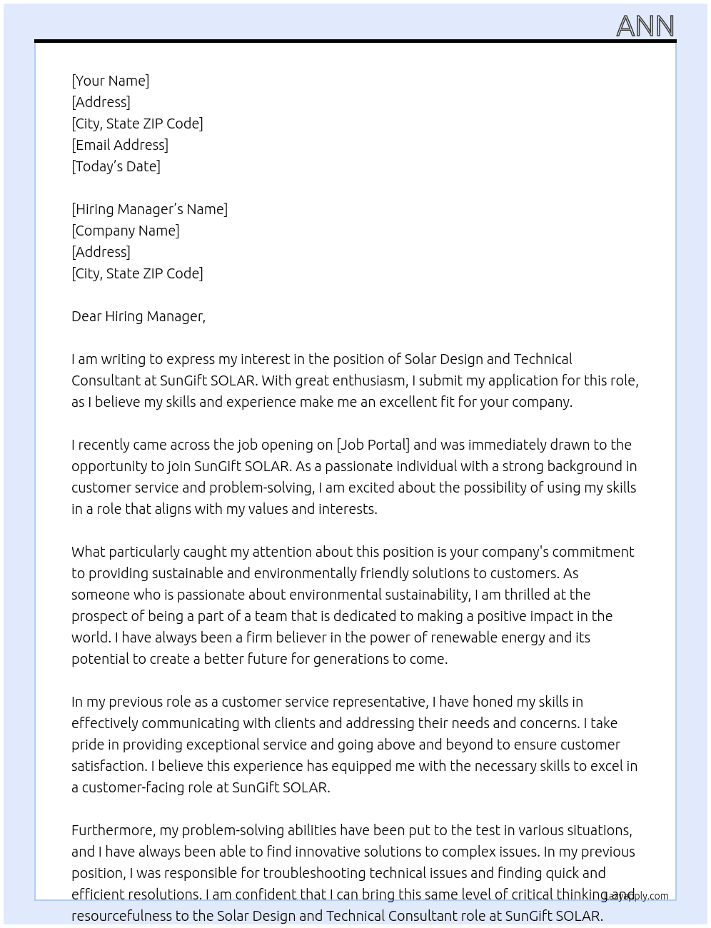 Solar Design and Technical Consultant At SunGift SOLAR Cover Letter