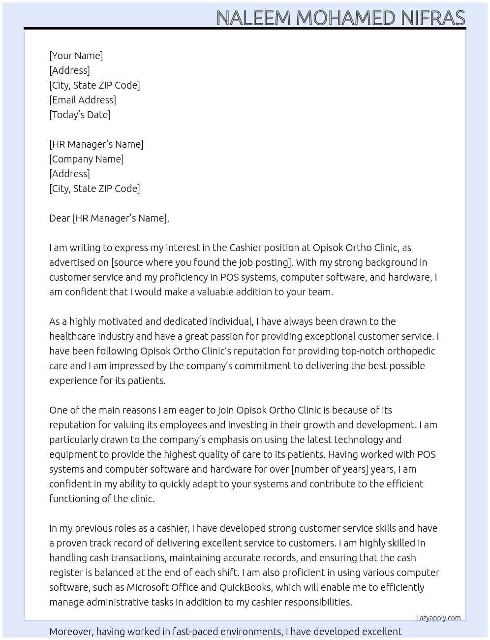cashier At Opisok Ortho Clinic Cover Letter