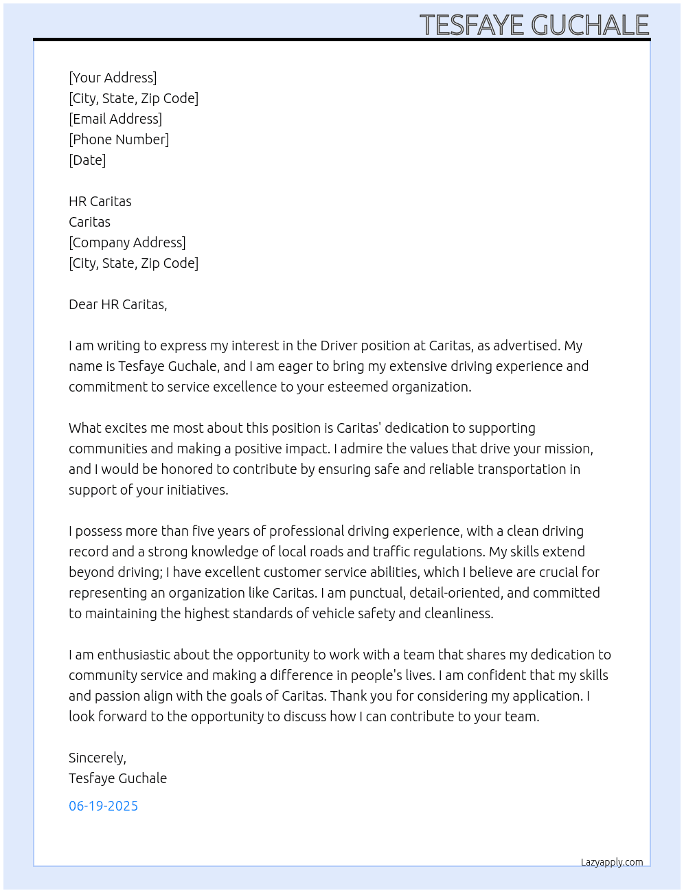 Driver  At CARITAS  Cover Letter