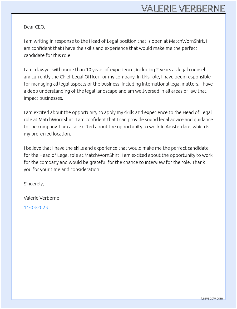 Head of Legal At MatchWornShirt Cover Letter