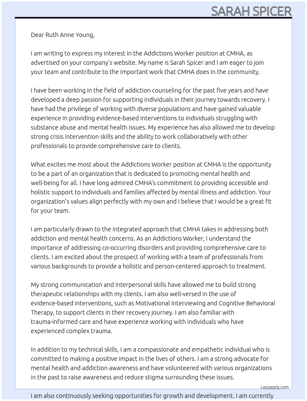 Addictions worker At CMHA Cover Letter