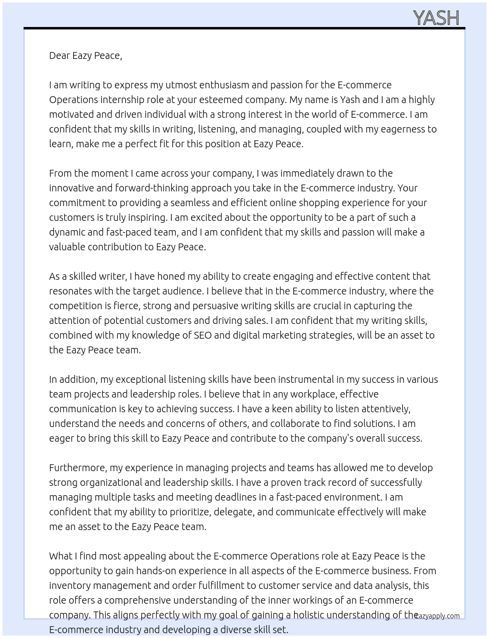 E commerce operations At Eazy peace  Cover Letter