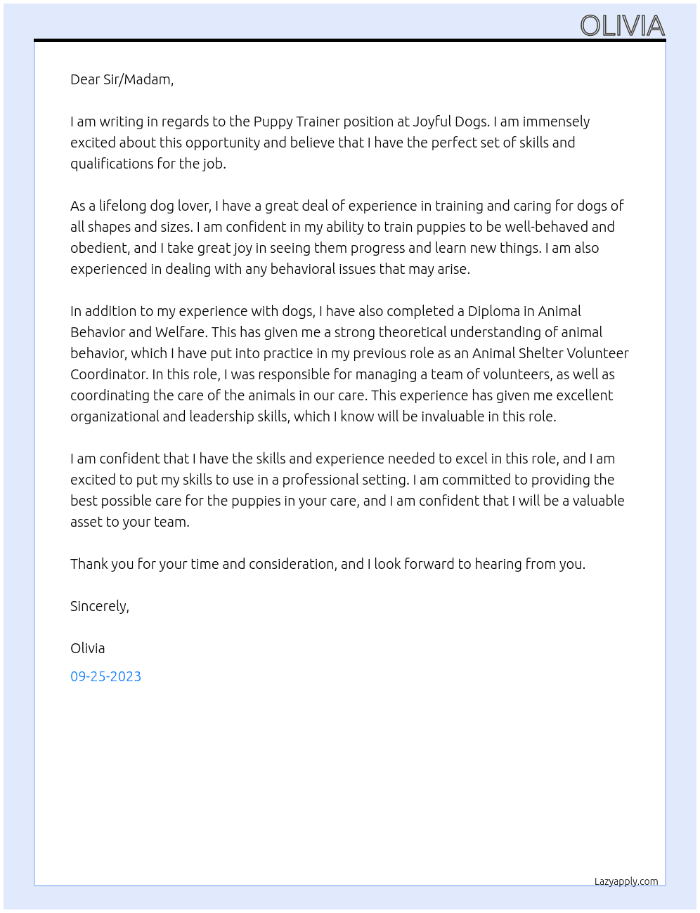 Puppy trainer At Joyful Dogs Cover Letter