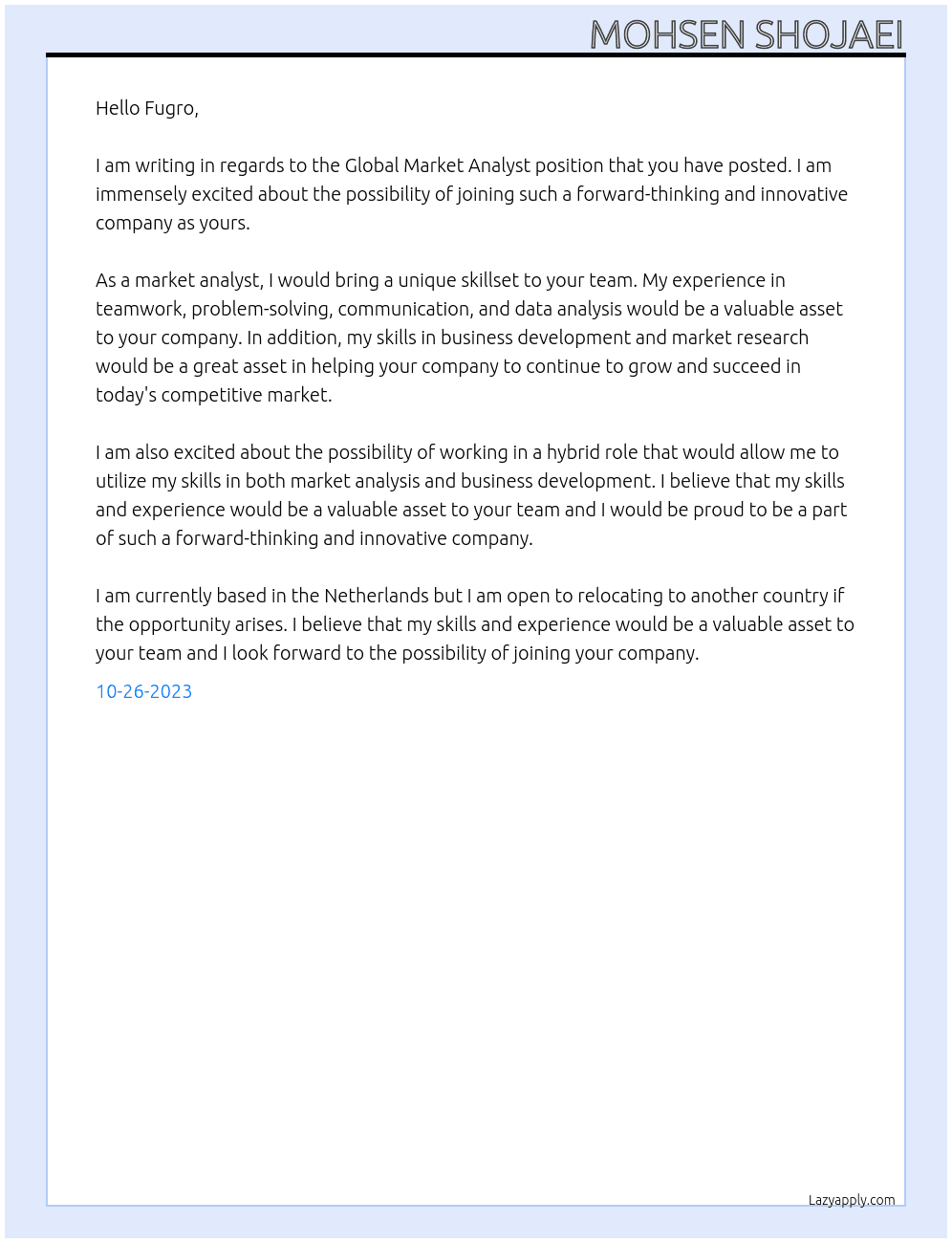 Global Market Analyst At Fugro Cover Letter