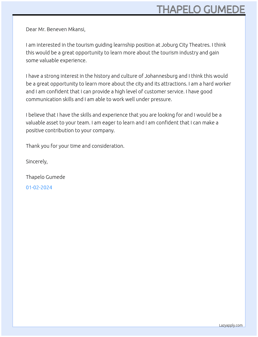 Tourism guiding learnship At Joburg City Theatres Cover Letter