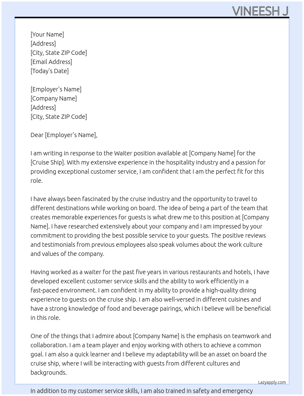 Waiter At Cruise ship Cover Letter