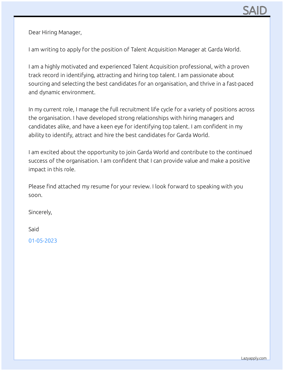 Talent acquisition manager At Garda World  Cover Letter