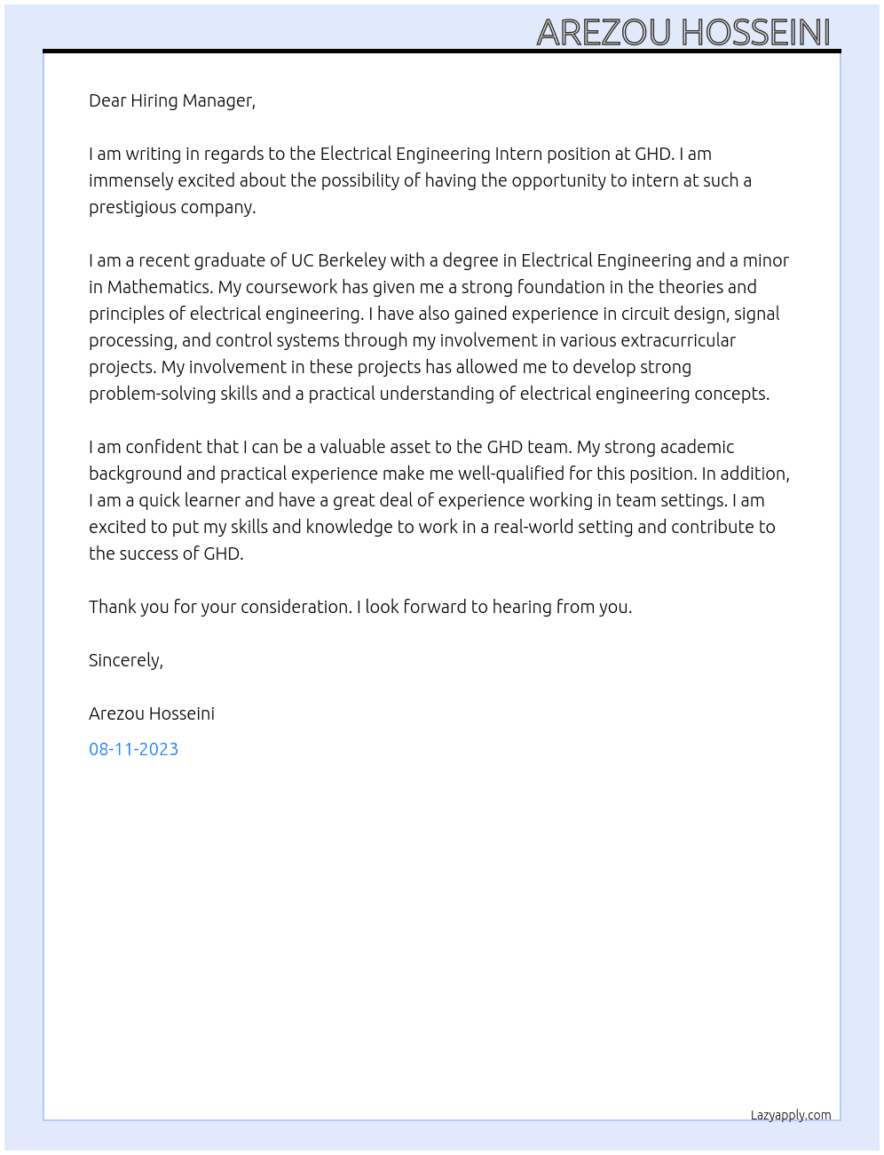 Electrical Engineering Intern At GHD Cover Letter