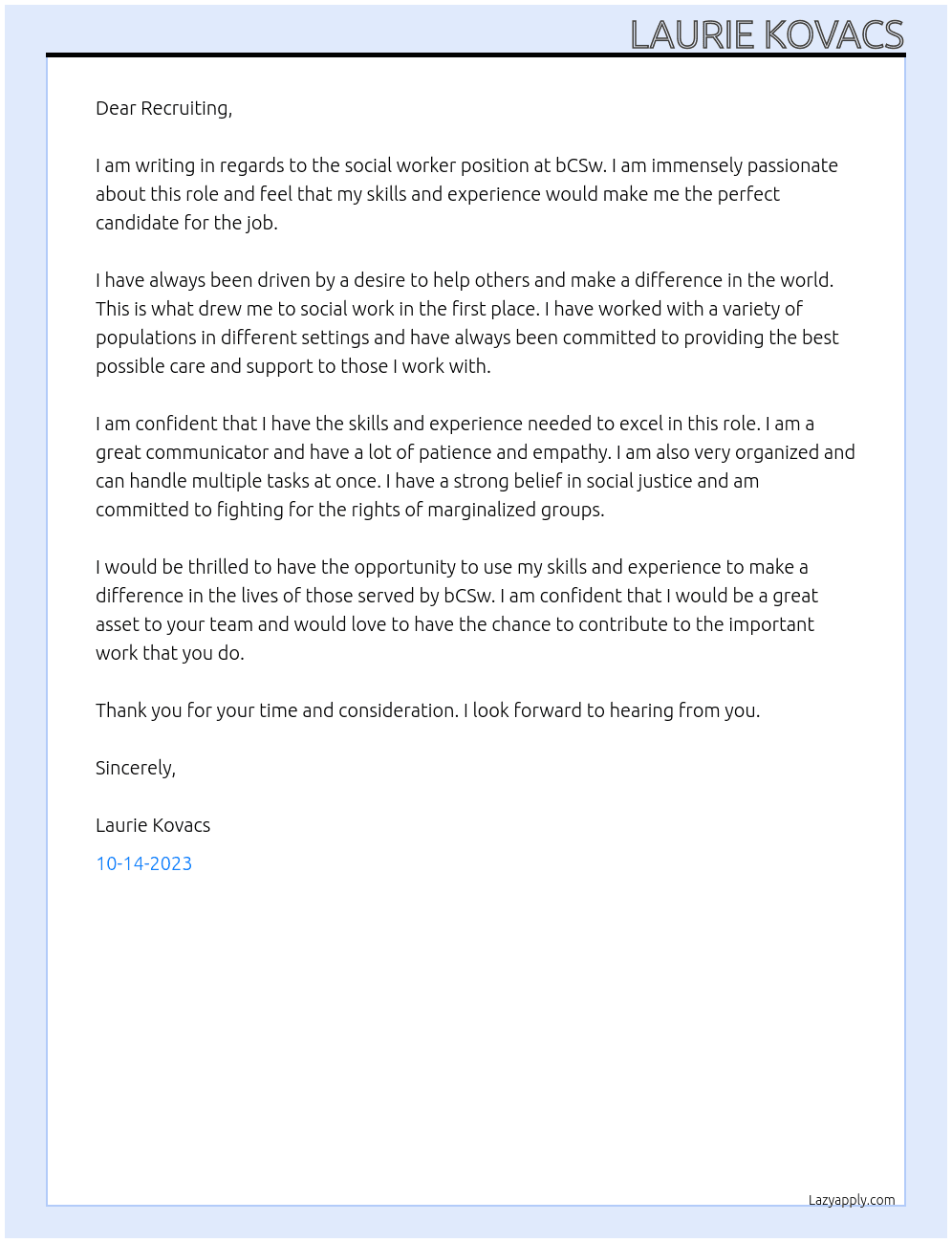 Social worker  At bCSw Cover Letter