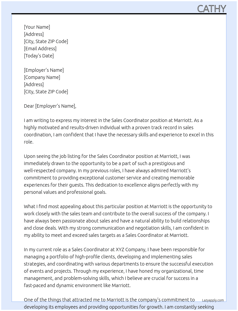 Sales coordinator At Marriott Cover Letter