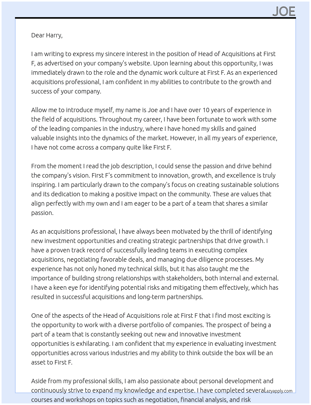Head of Acquisitions At First F Cover Letter
