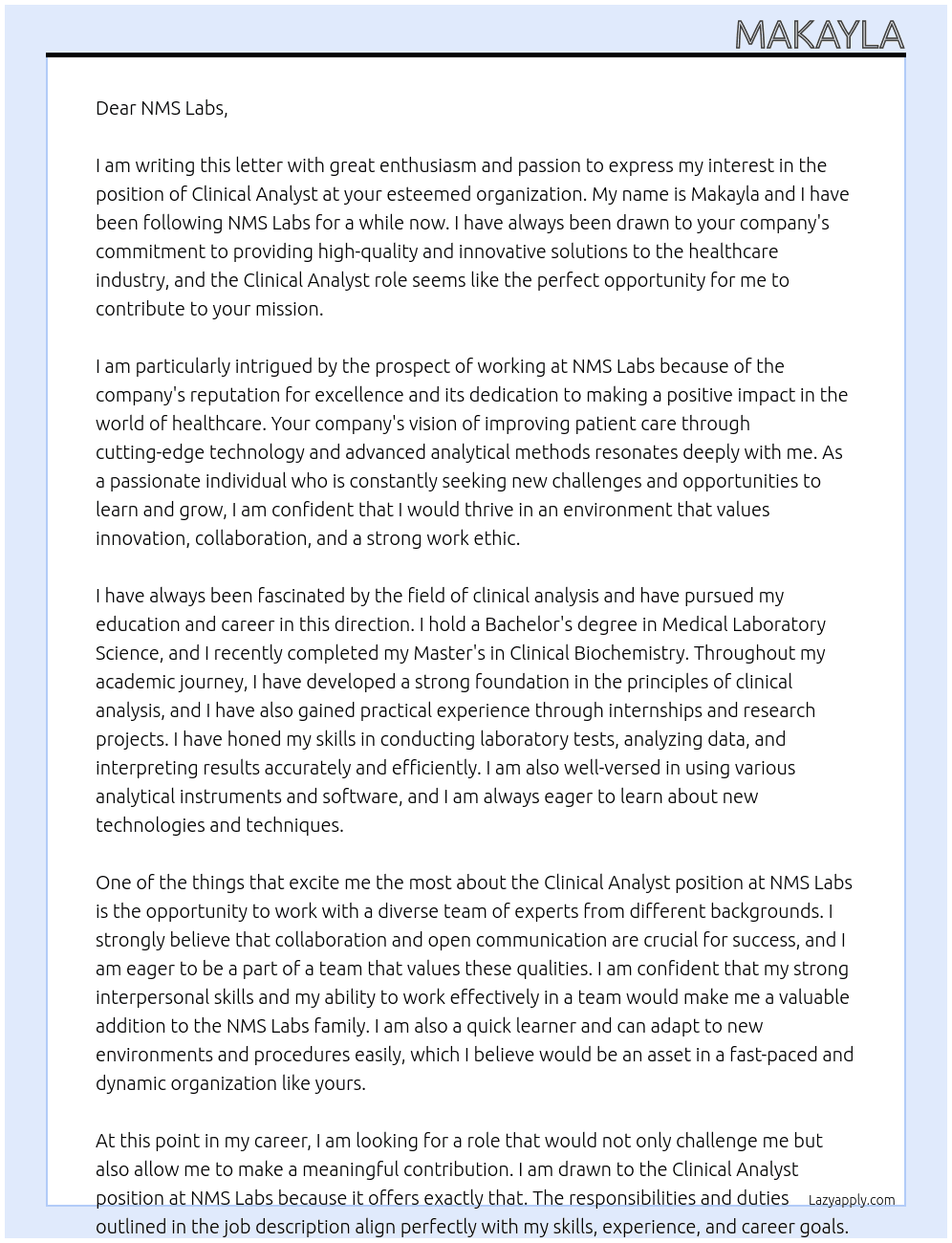 clinical analyist  At NMS Labs Cover Letter