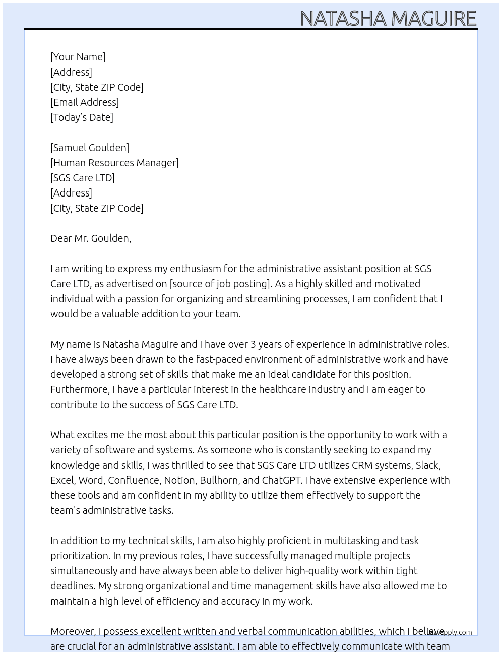 administrative assistant At SGS Care LTD Cover Letter