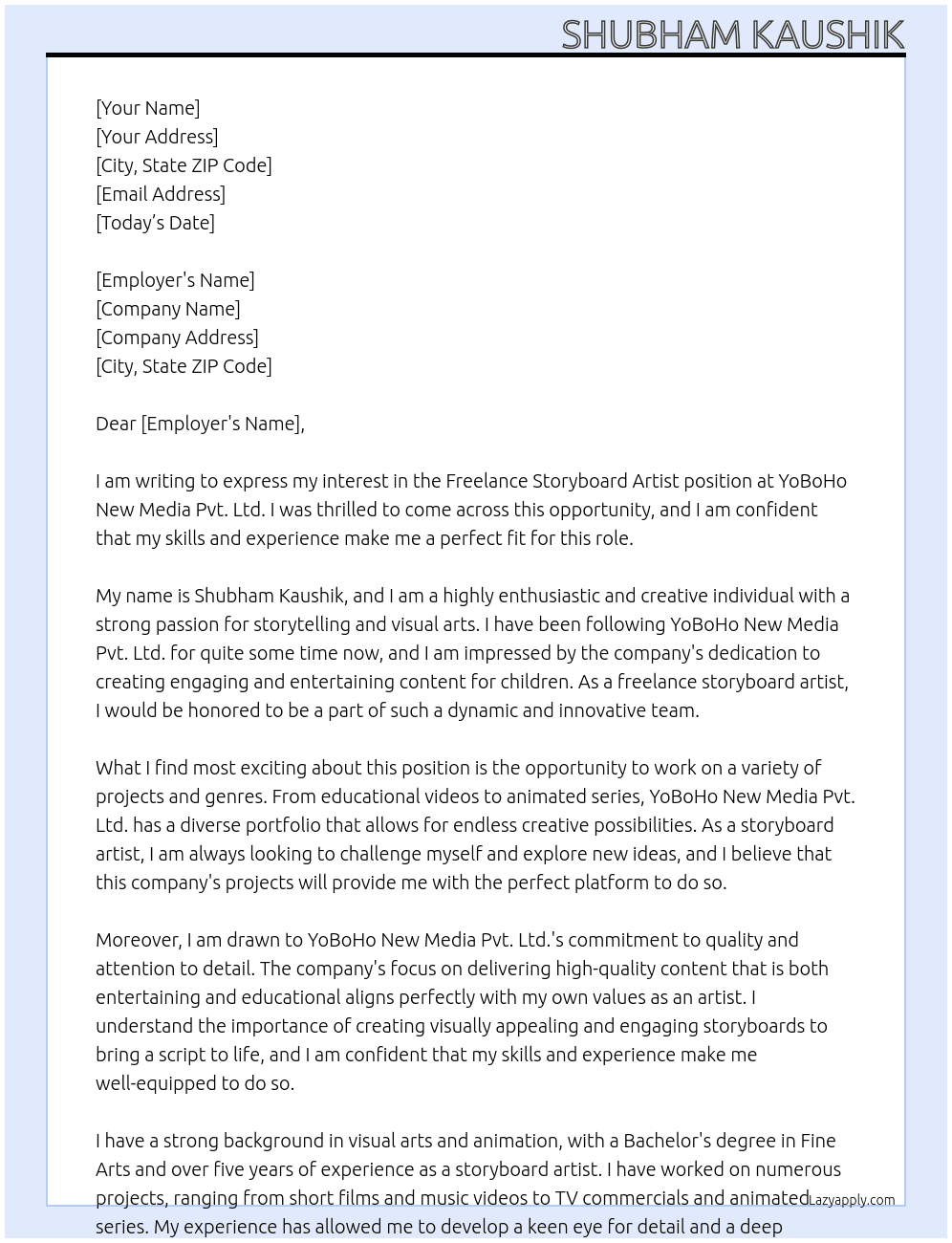 Freelance Storyboard Artist At YoBoHo New Media Pvt. Ltd. Cover Letter