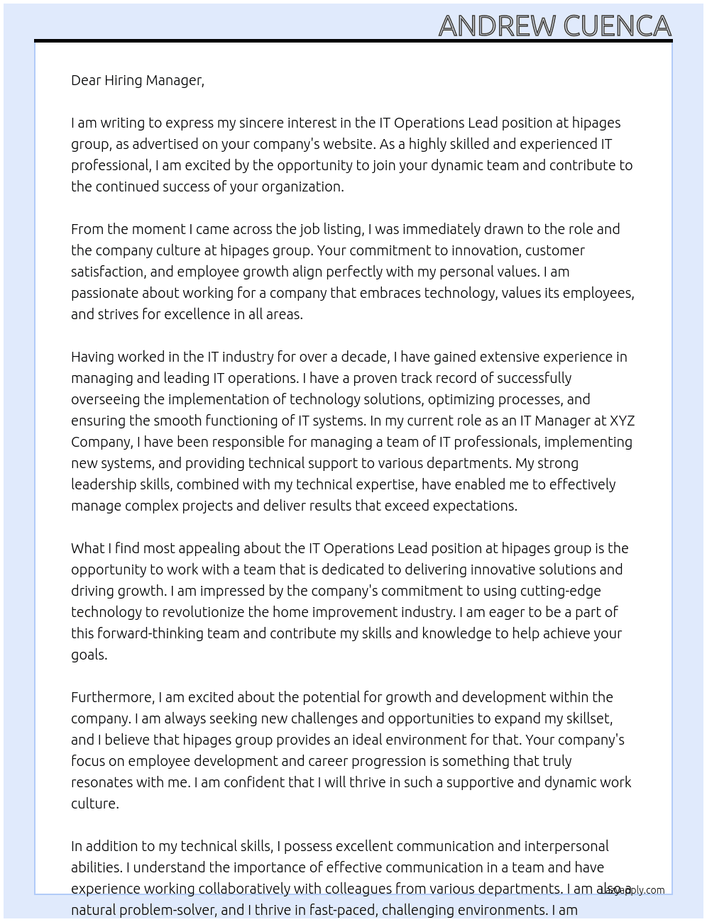 it operations lead At hipages group Cover Letter