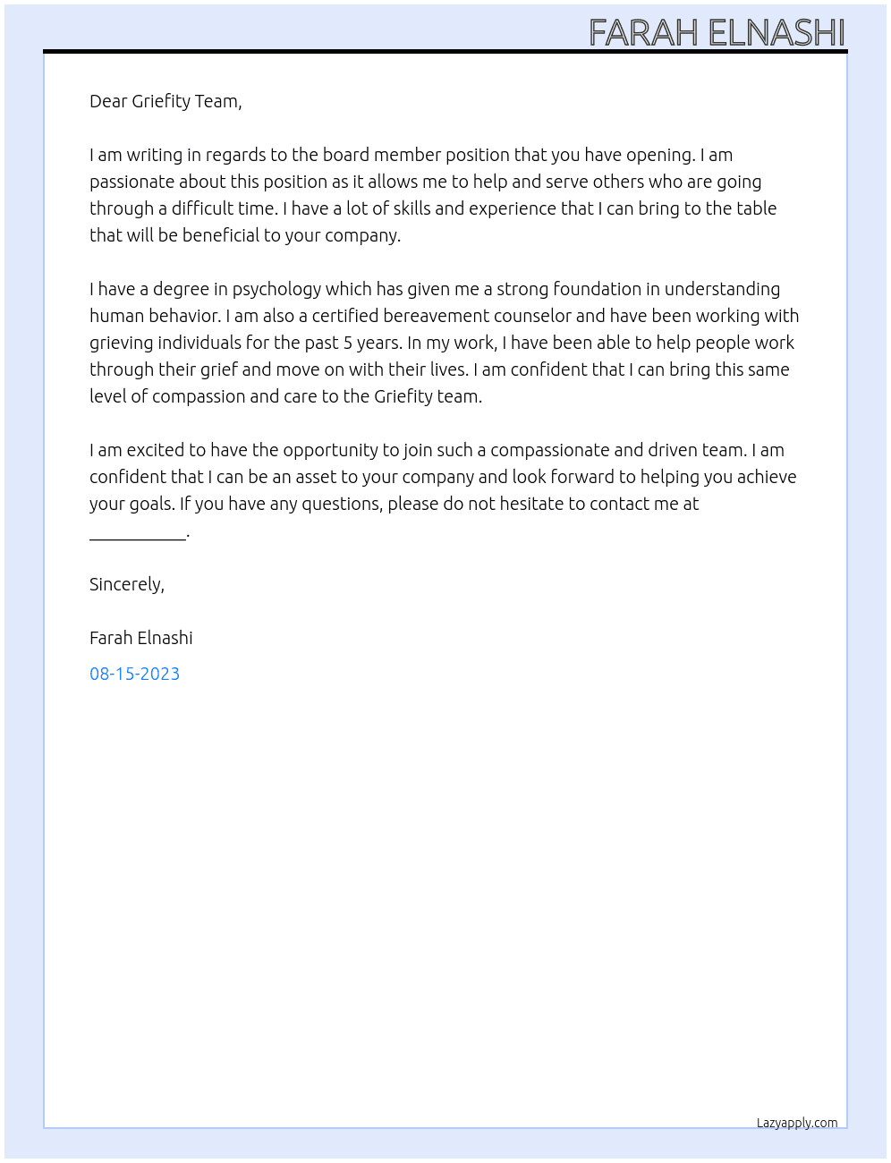 Board member At Griefity Cover Letter