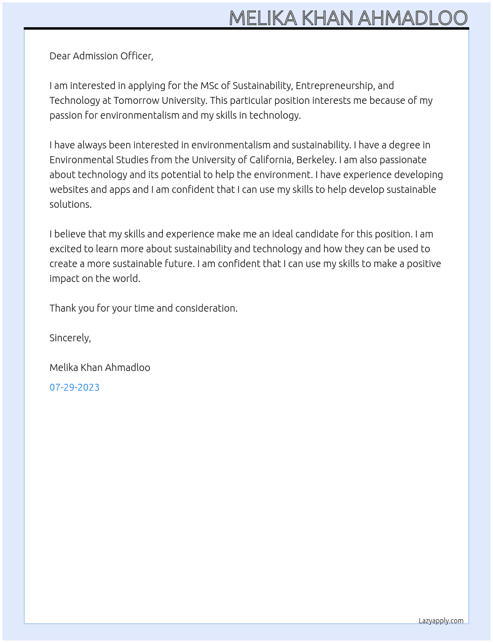 MSc of sustainability, Entrepreneurship, technology At Tomorrow university Cover Letter