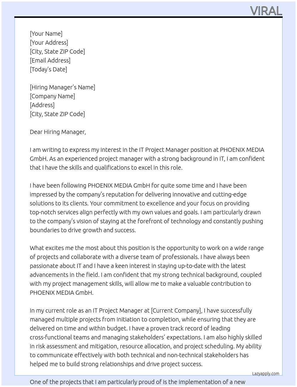 IT Project Manager At PHOENIX MEDIA GmbH Cover Letter