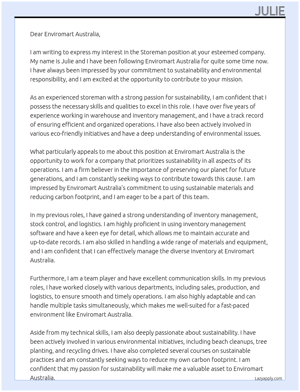 Storeman At Enviromart Australia Cover Letter