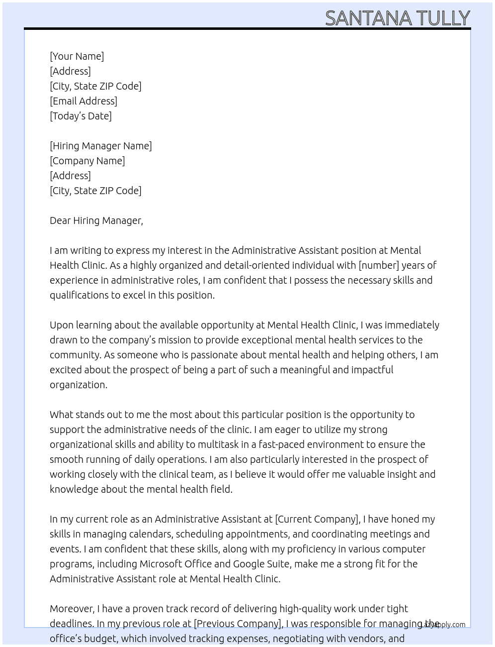 Administrative assistant At Mental Health Clinic Cover Letter