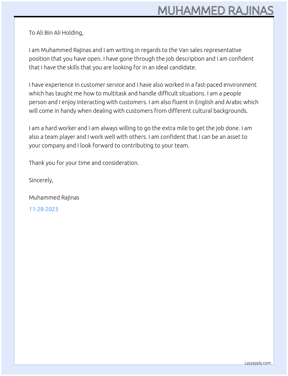 Van sales representative  At Ali Bin Ali Holding Cover Letter