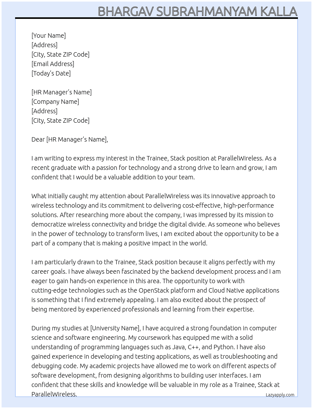 Trainee, Stack At parallelwireless Cover Letter