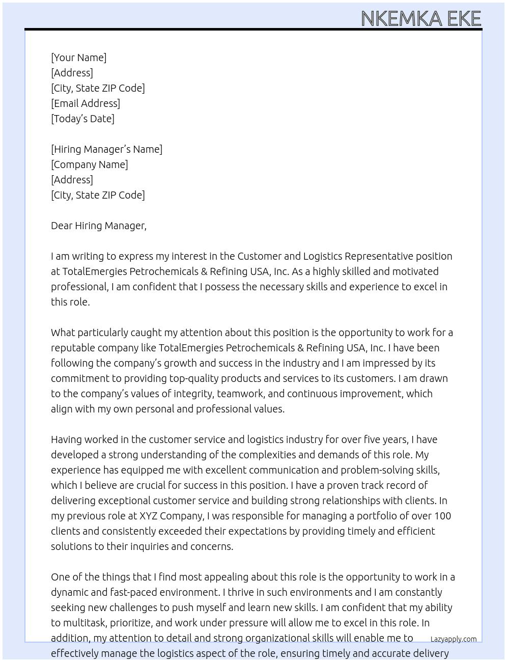 Cover letter for customer and logistics representative - LazyApply