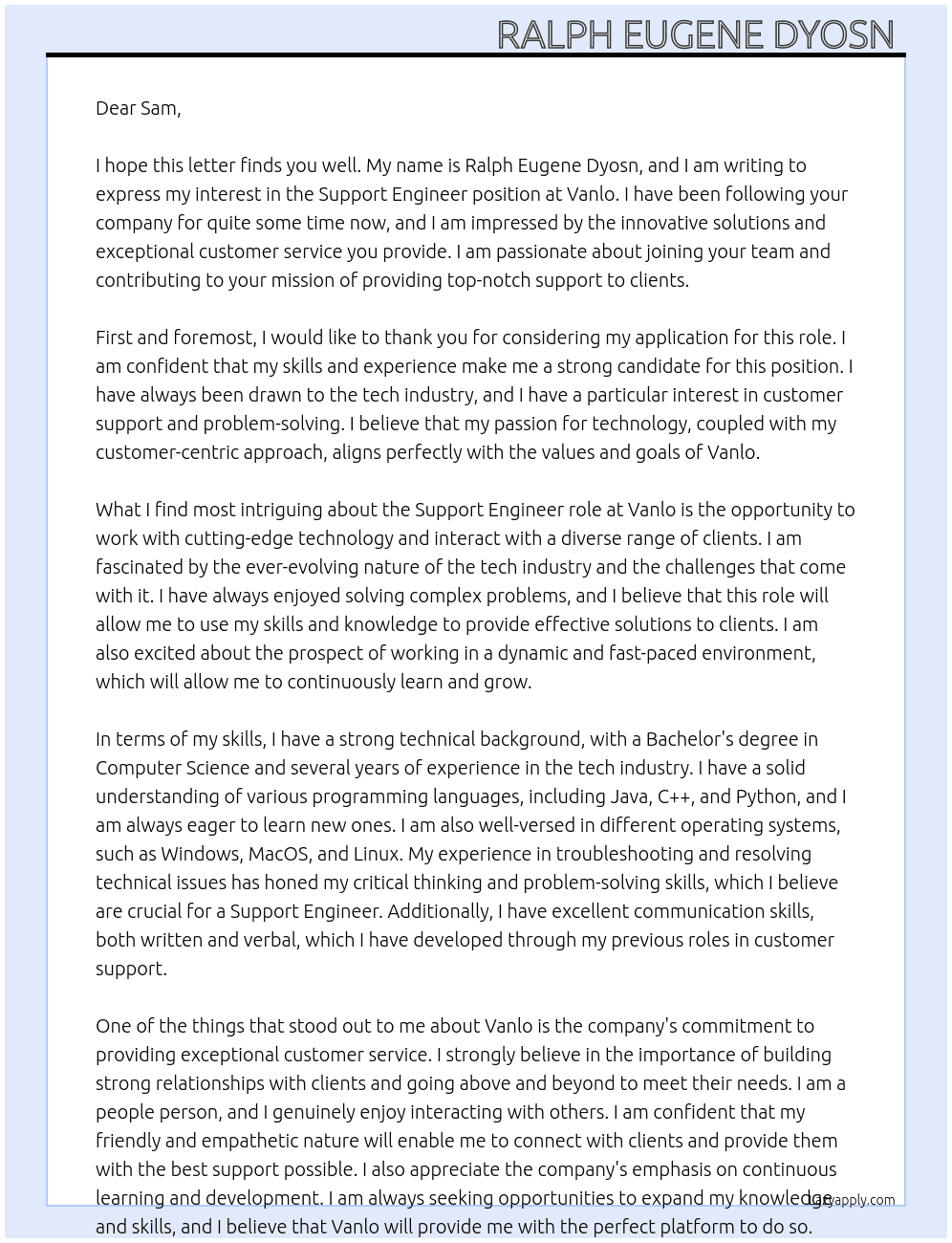 Support Engineer At vanlo Cover Letter