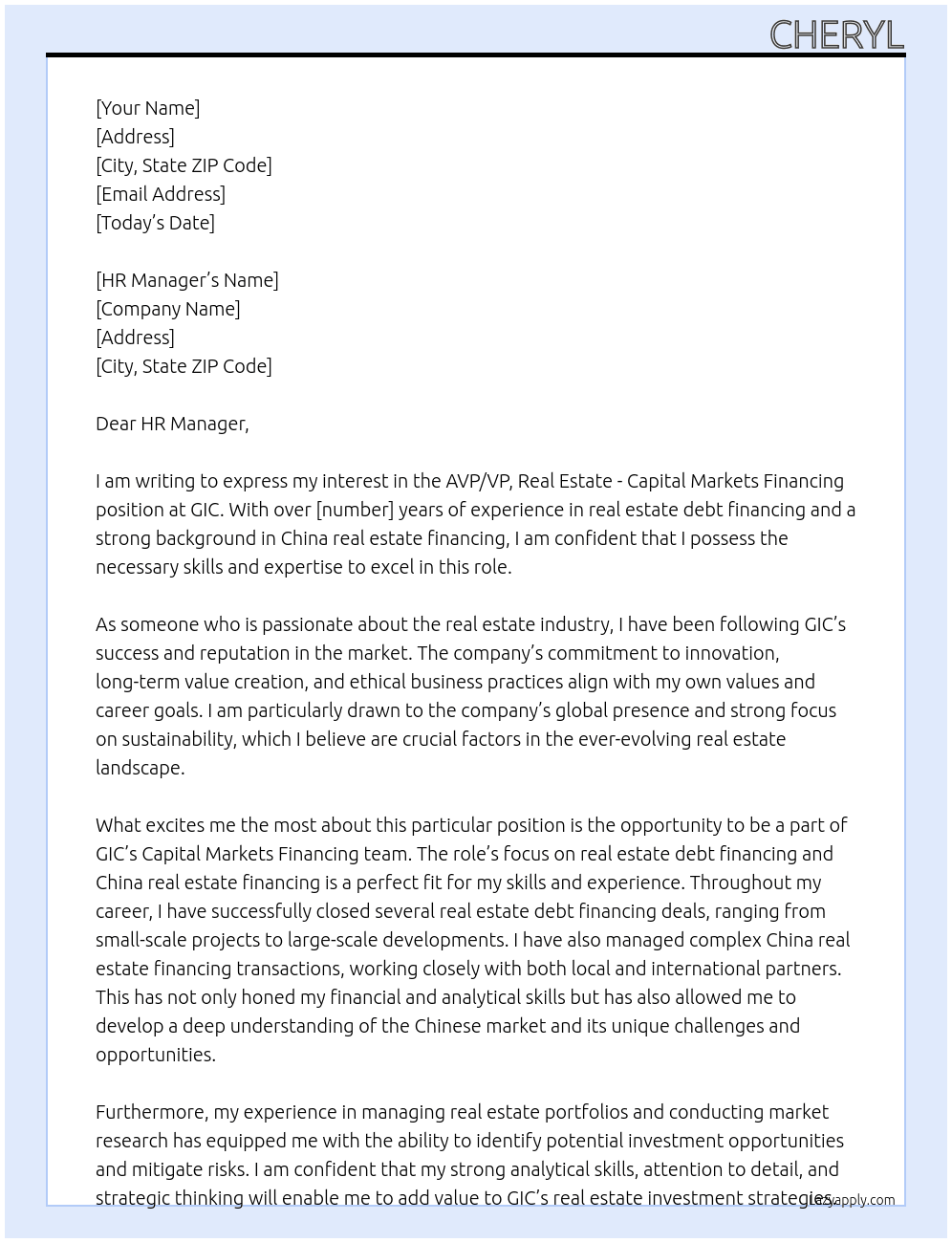 AVP/VP, Real Estate - Capital Markets Financing At GIC Cover Letter