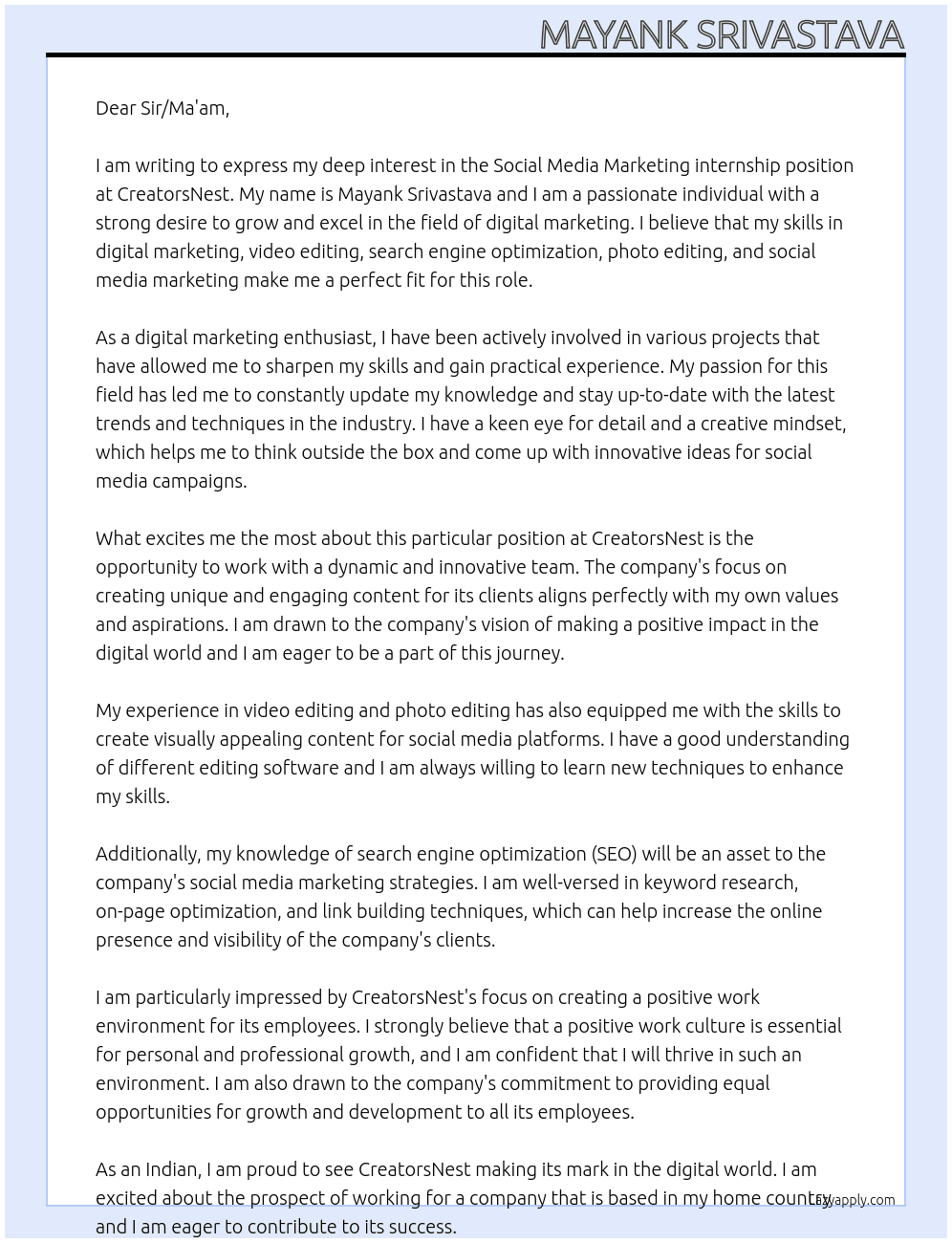 Social Media Marketing internship At CreatorsNest Cover Letter