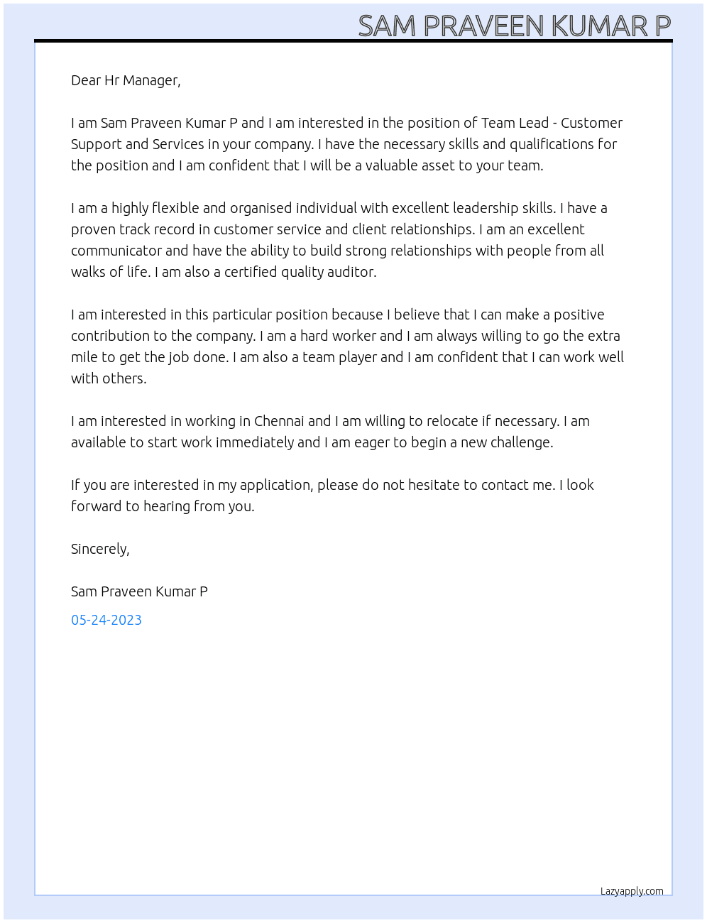 Team Lead - Customer Support and Services At Arcadia Cover Letter