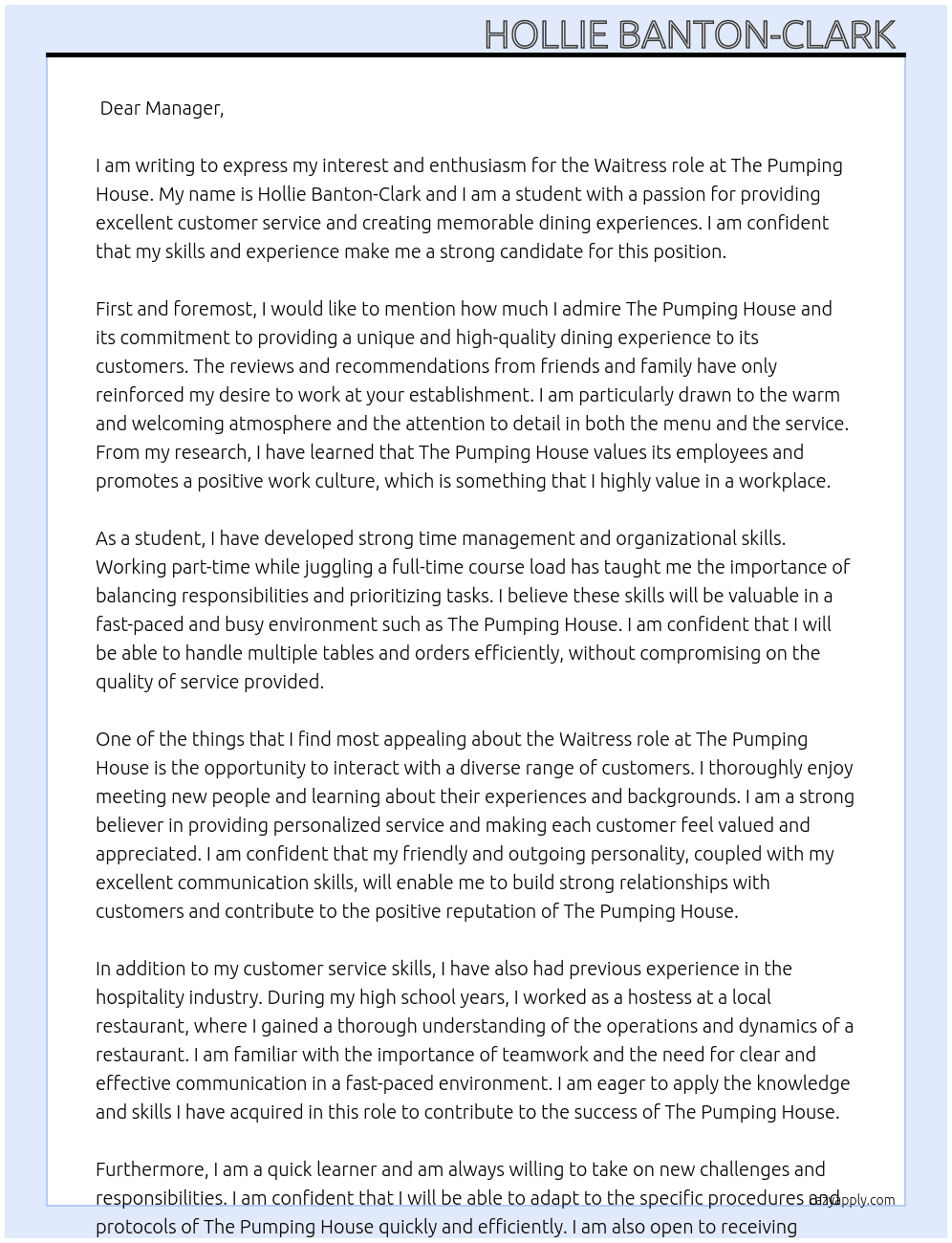 Waitress At The Pumping House  Cover Letter