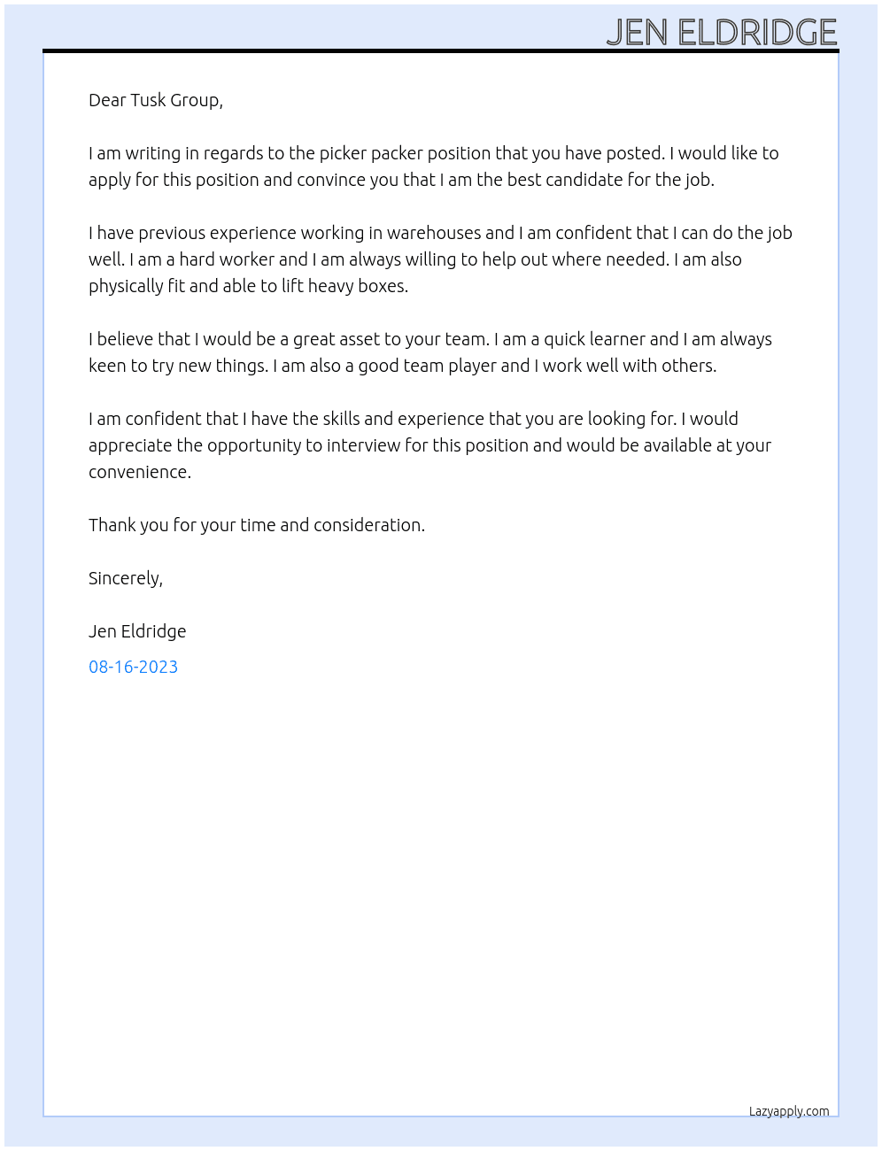 Picker packer  At Tusk Group Cover Letter