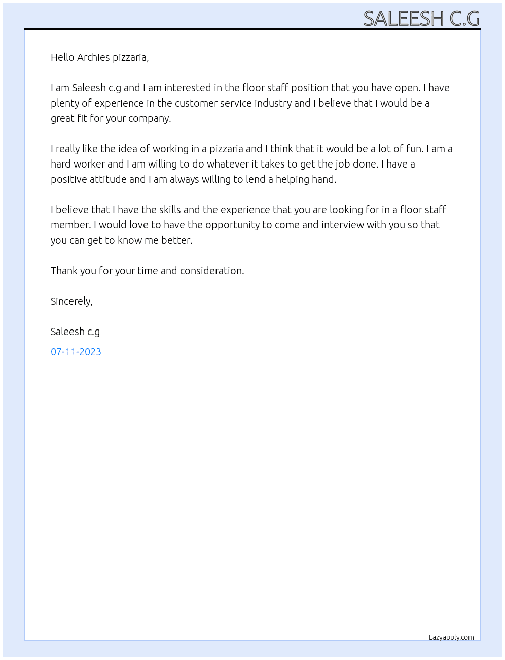 Floor staff At Archies pizzaria Cover Letter