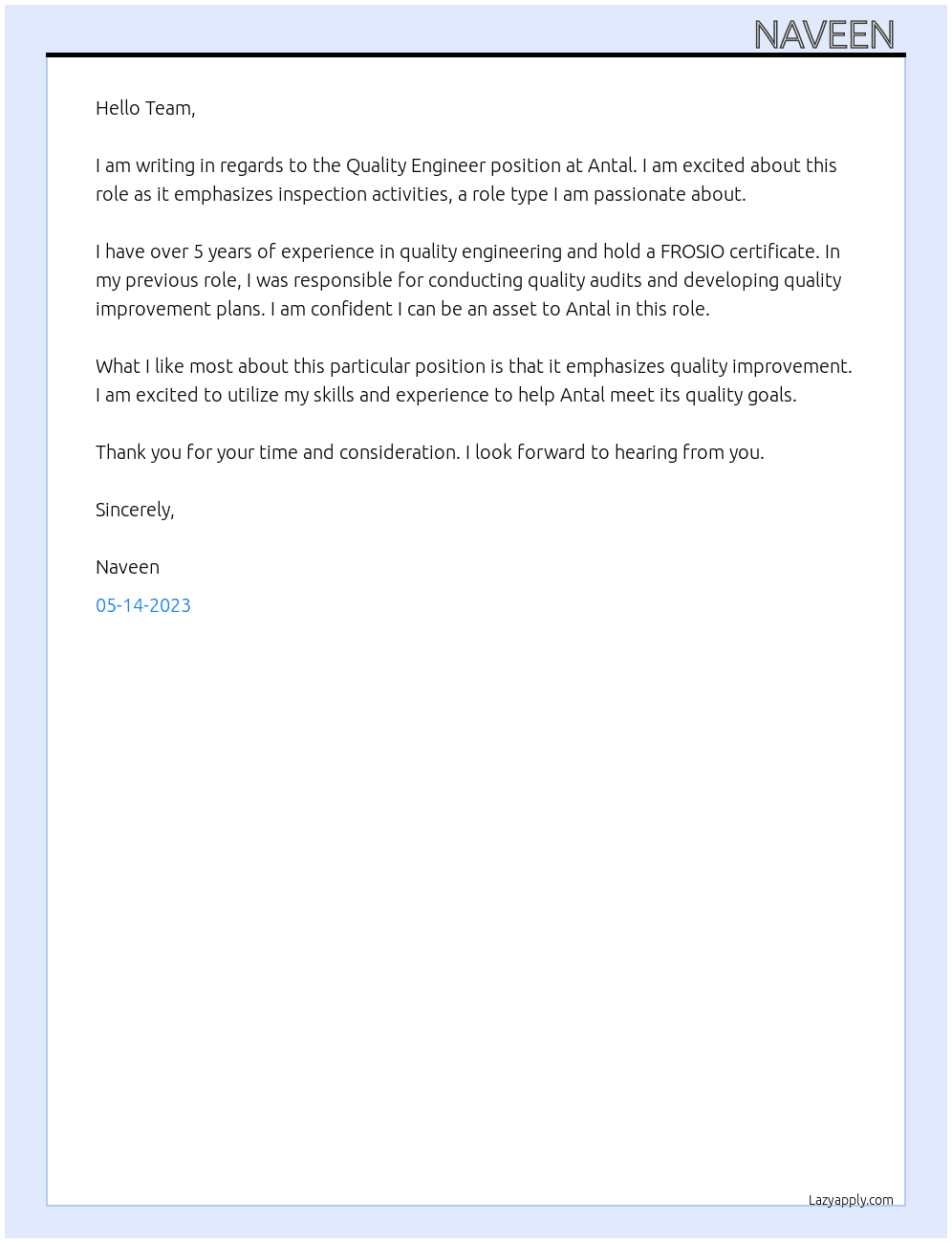 Quality Engineer At Antal Cover Letter