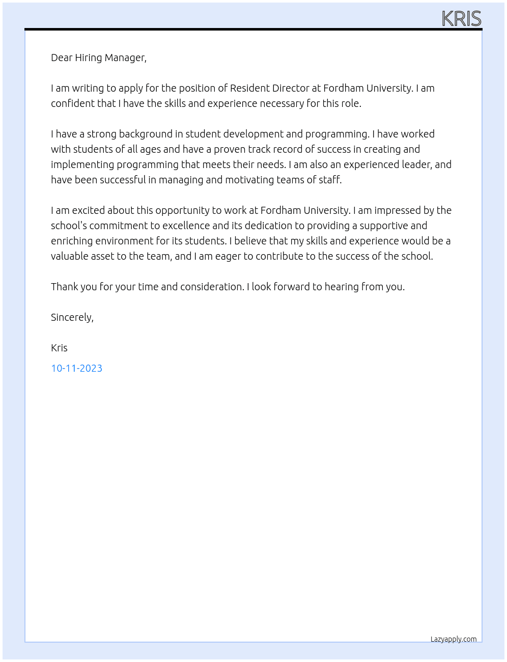 Resident Director At Fordham University Cover Letter