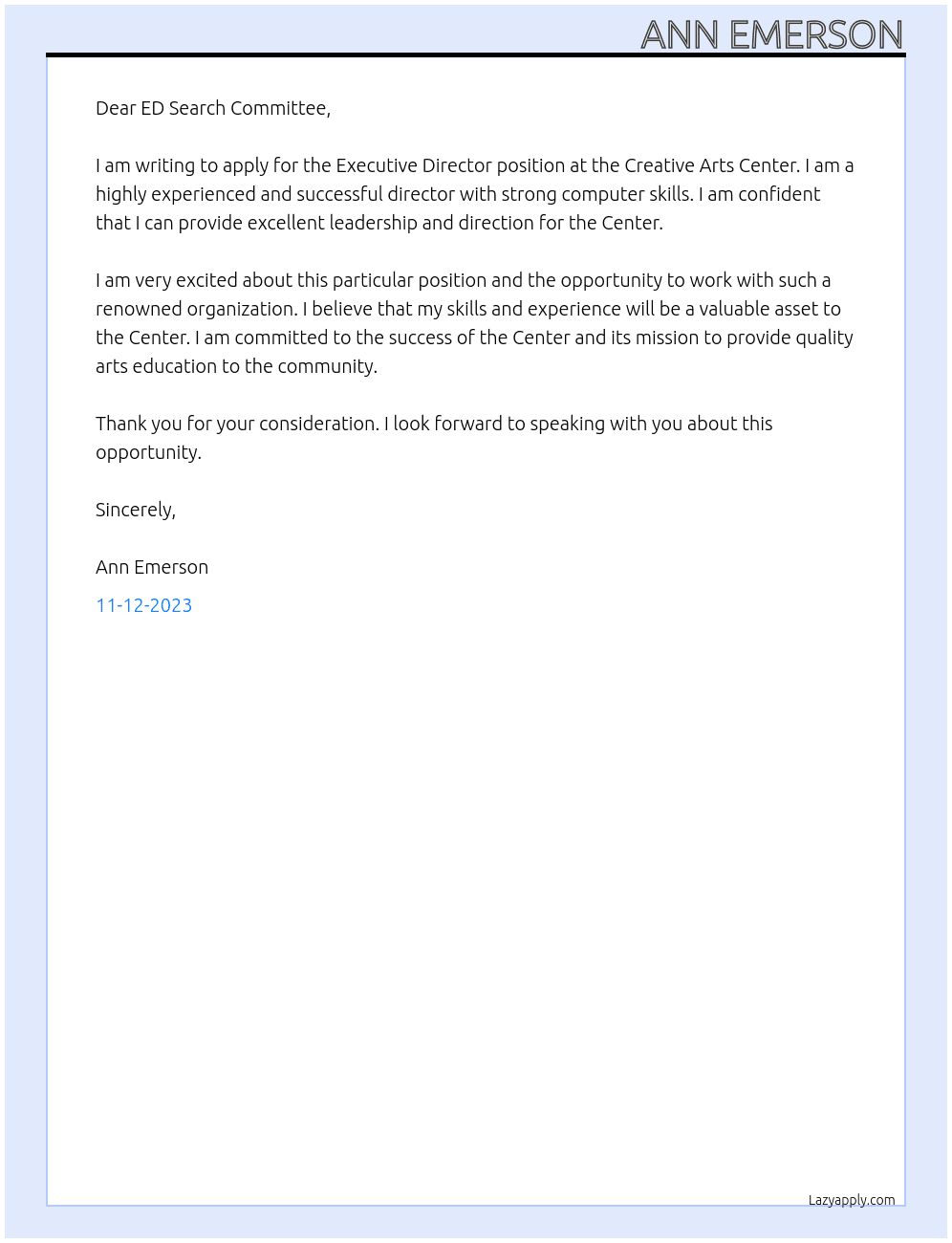 Executive Director At Creative Arts Center Cover Letter
