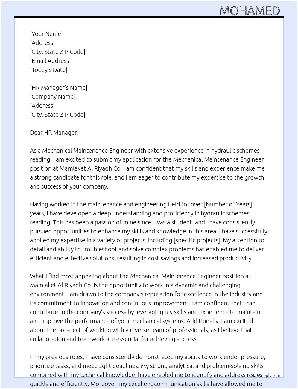 Mechanical Maintainance Engineer At mamlaket al riyadh co. Cover Letter